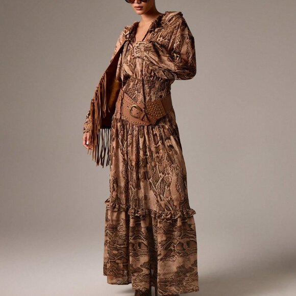 Multicolor Boho Women's Balloon Sleeve Snake Print Maxi Dress - Picture 3 of 5